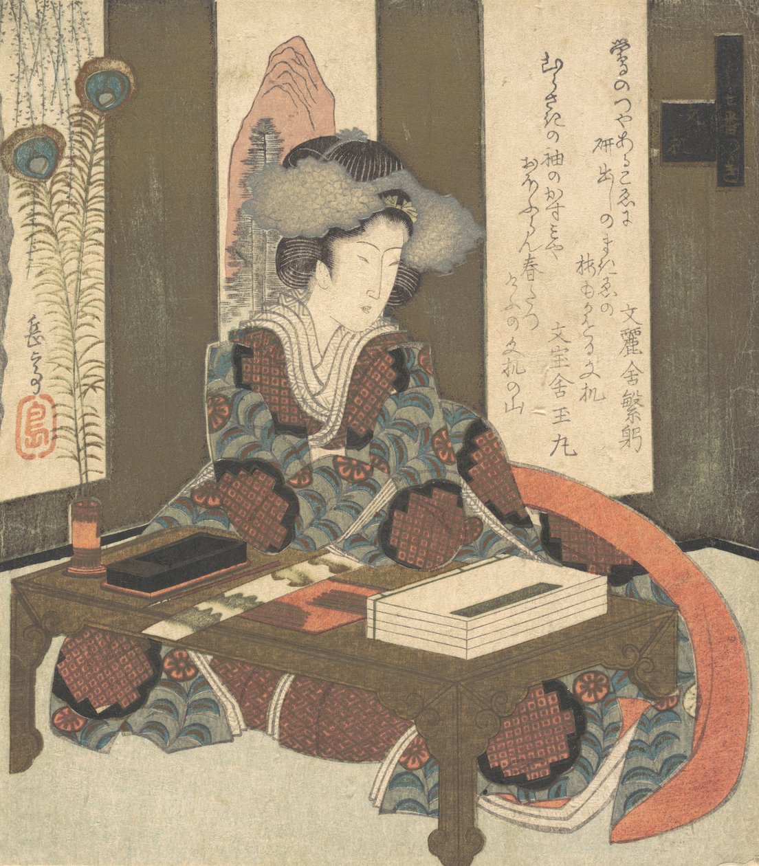 Een dame die op het punt staat een gedicht te schrijven door Gakutei