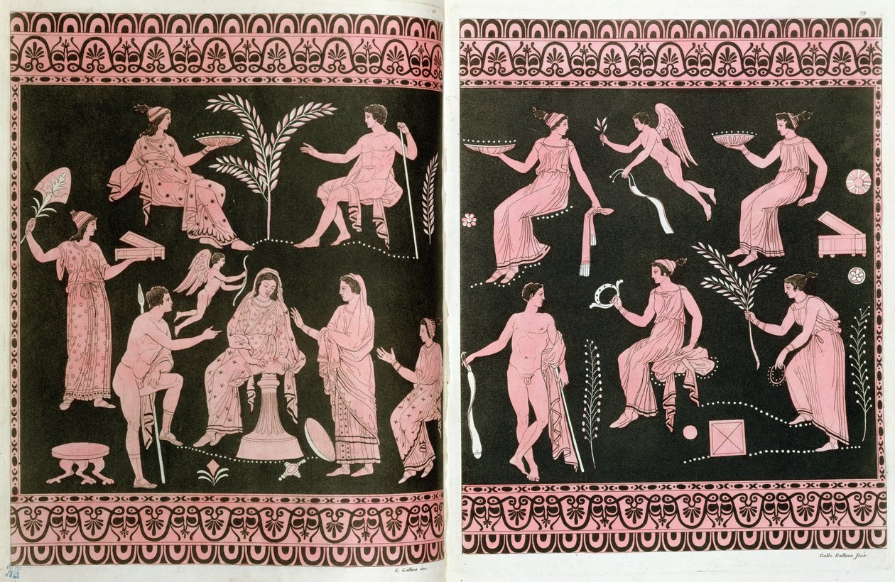 Scène van inwijding in de Eleusinische mysteriën, naar Griekse antieke vazen, uit 