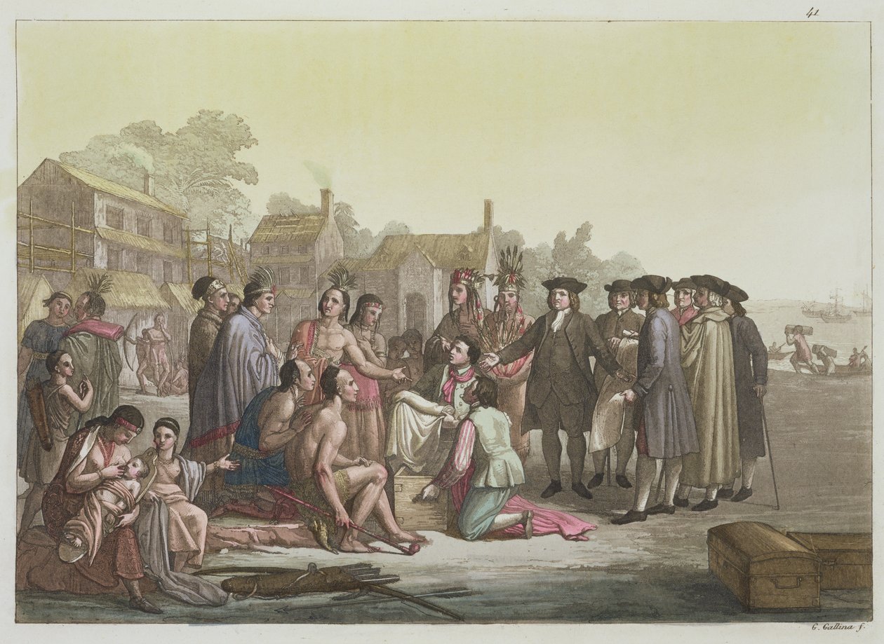 William Penn onderhandelt over het verdrag dat leidde tot de stichting van Pennsylvania, uit 