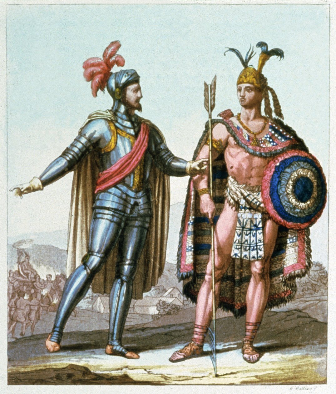 Hernan Cortes ontmoet Montezuma II in 1519 door Gallo Gallina