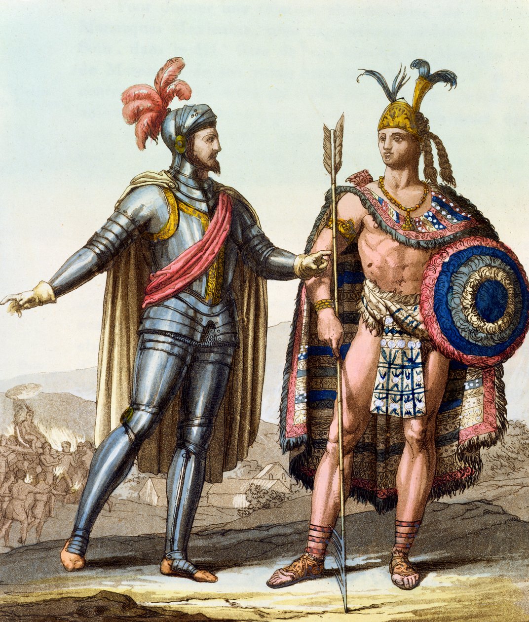 De ontmoeting tussen Hernan Cortes (1485-1547) en Montezuma II (1466-1520) uit 