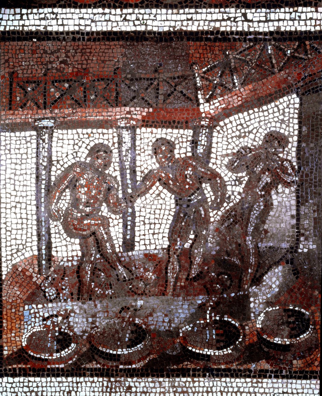Scène van druiven stampen in een vat. (mozaïek, eind 2e, begin 3e eeuw) door Gallo Roman