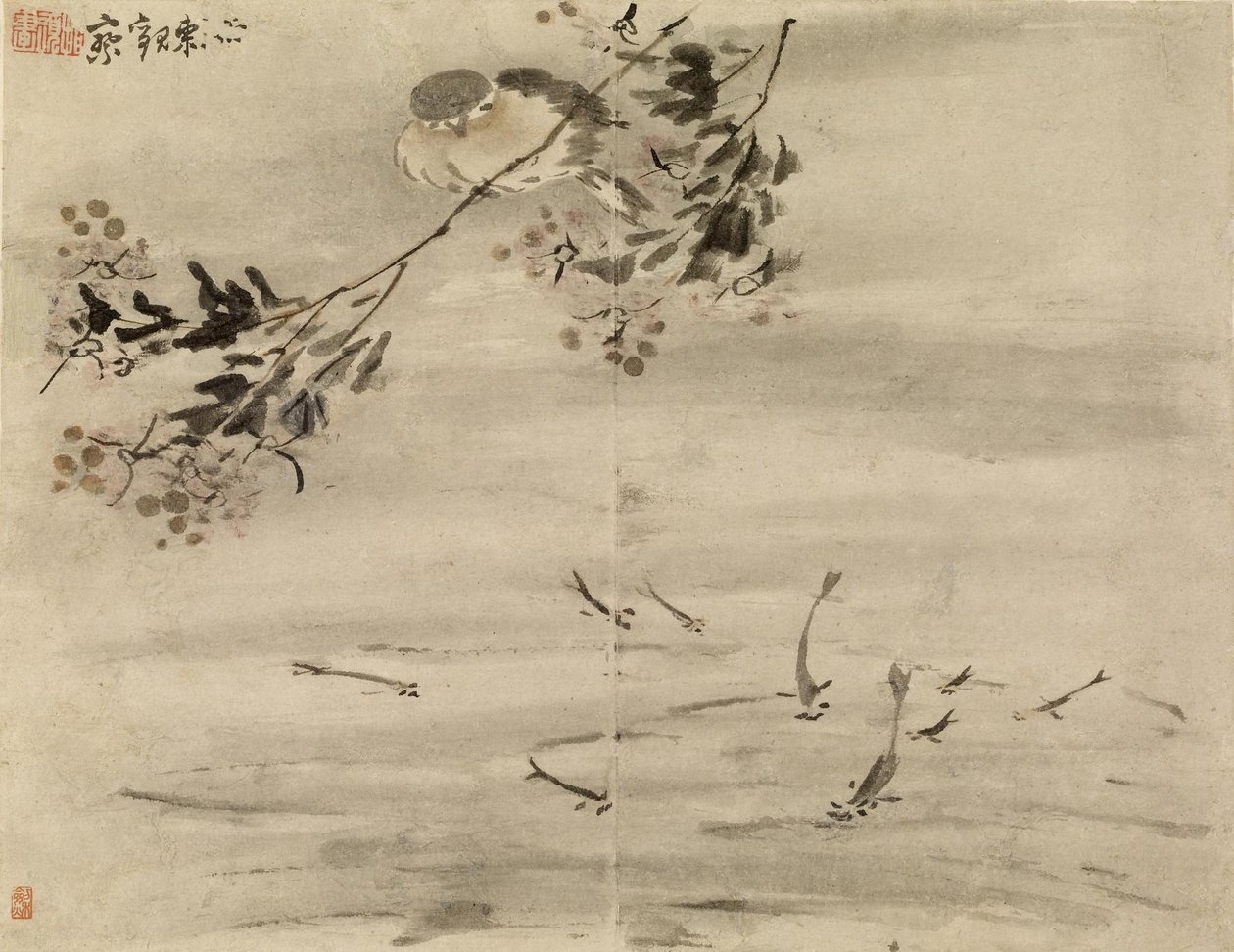 Vogel die een vis bekijkt door Gao Qipei