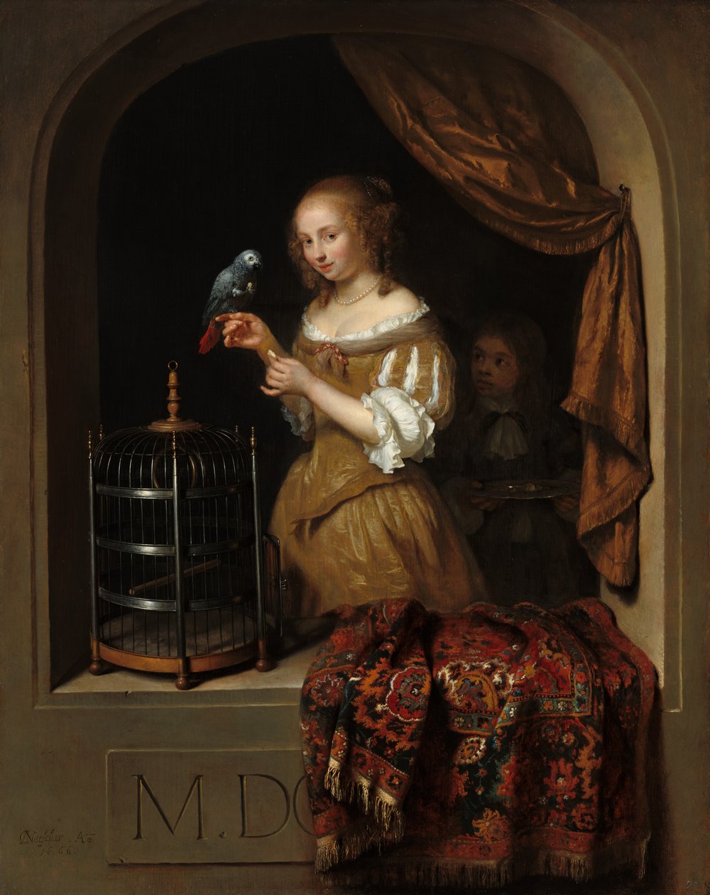 Een Vrouw die een Papegaai Voedt, met een Page, 1666 door Gaspar Netscher