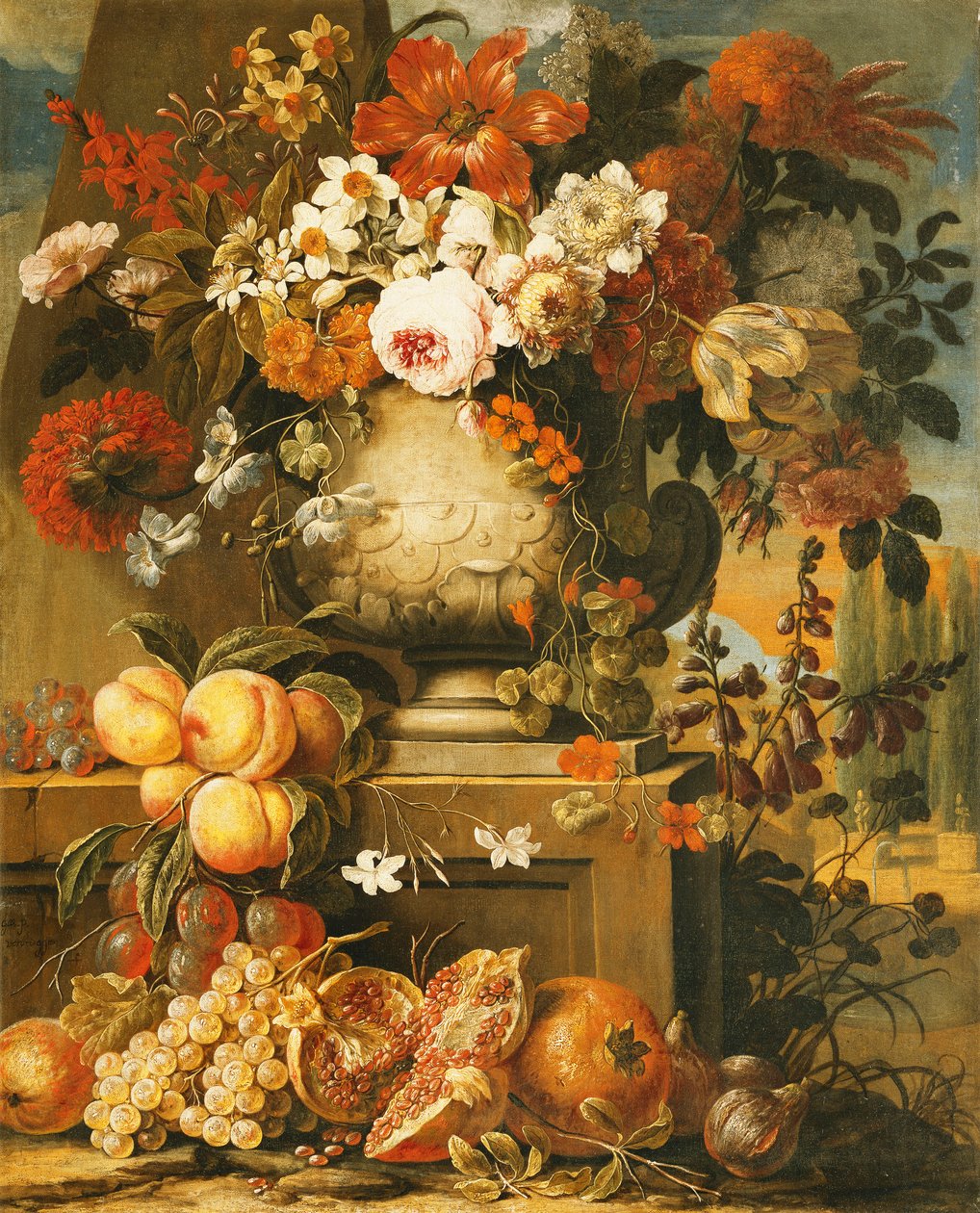 Bloemen in Vazen op Sokkel met Fruit door Gaspar Pieter II Verbruggen