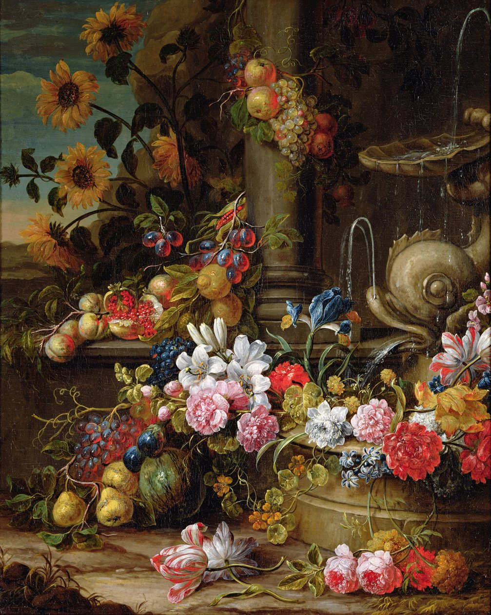 Stilleven van Fruit en Bloemen door Gaspar Pieter II Verbruggen