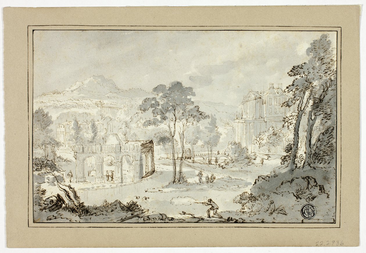 Jager met hond, andere figuren in landschap met villa, kanaal, piramide door Gaspar van Wittel