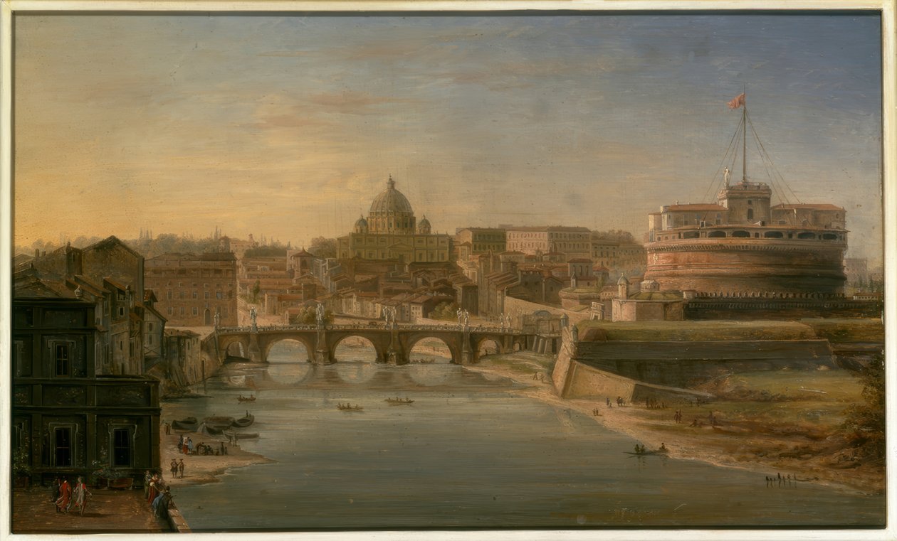 Rome: Uitzicht op de Tiber naar het zuiden met de Engelenburcht en de Sint-Pietersbasiliek in de verte door Gaspar van Wittel