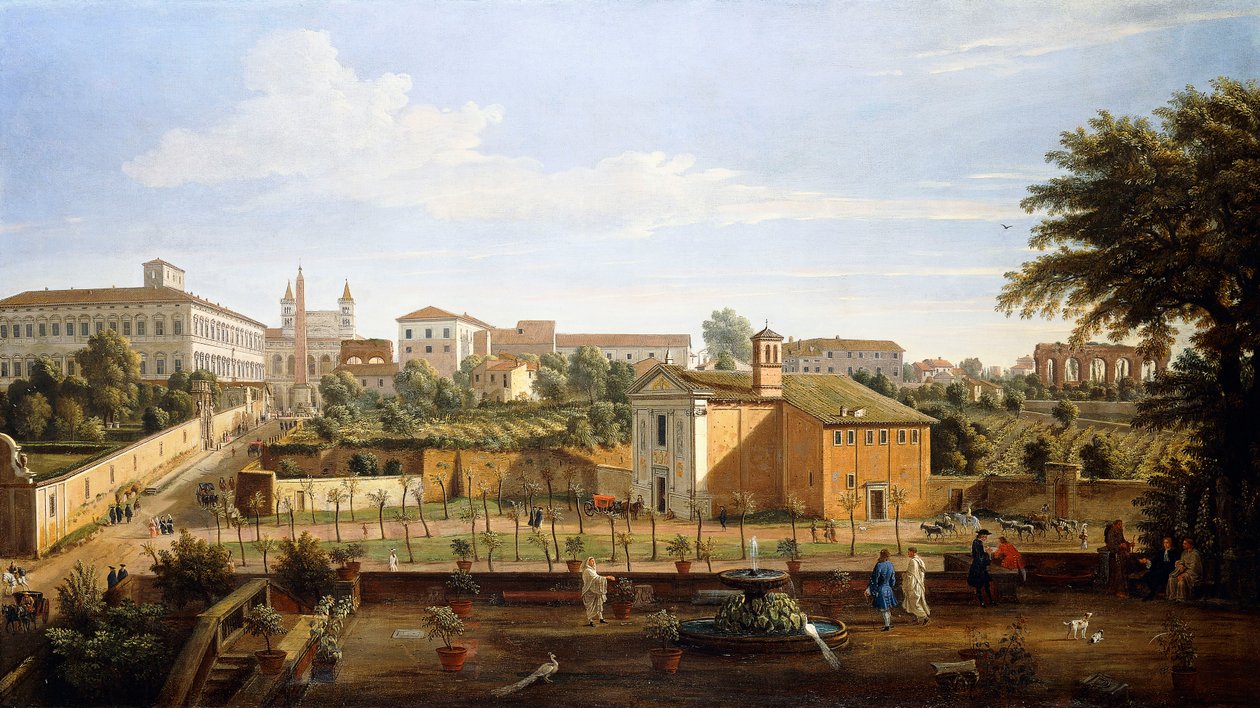 De Kerk van SS. Marcellino e Pietro, vanaf de Vigna Ciccolini door Gaspar van Wittel