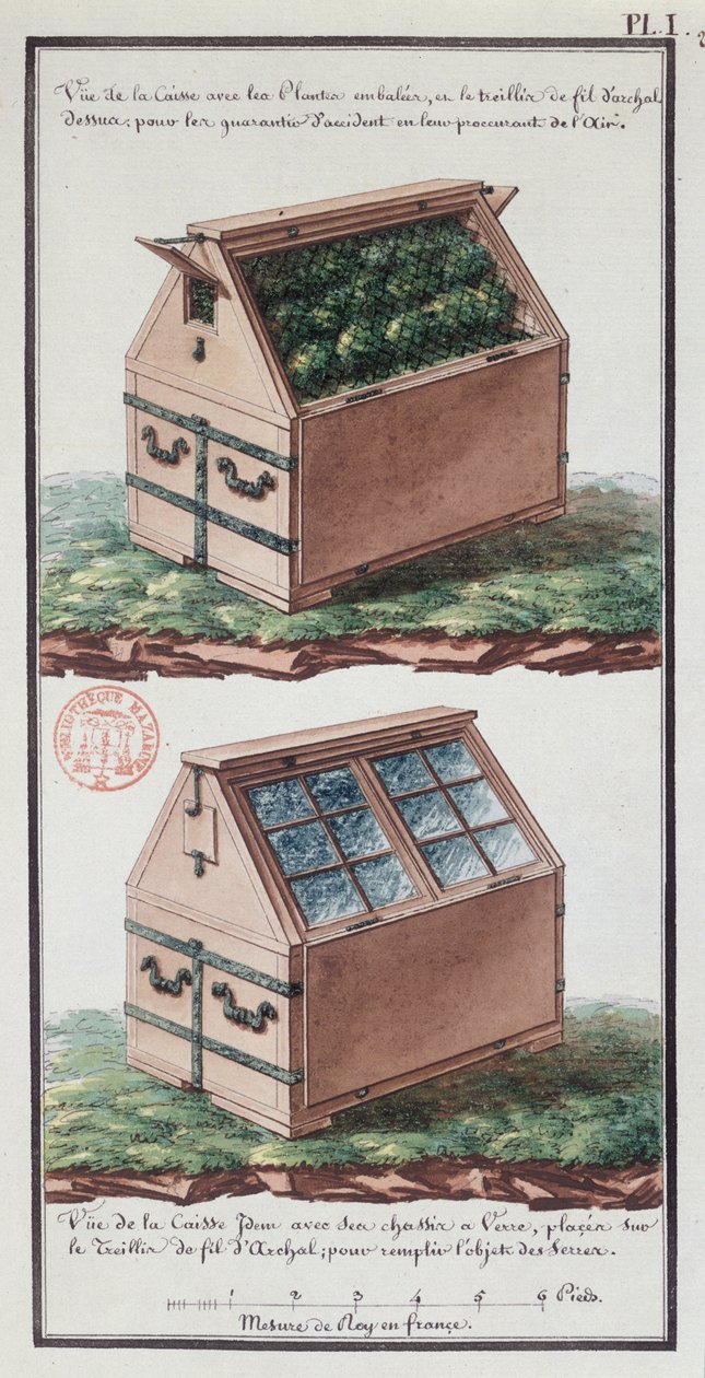 Illustratie van een Ladekast voor het Transporteren van Planten, uit het Notitieboek van de Kunstenaar gemaakt tijdens de Expeditie van Jean-Francois Gallup de la Perouse (1741-88) door Gaspard Duche de Vancy