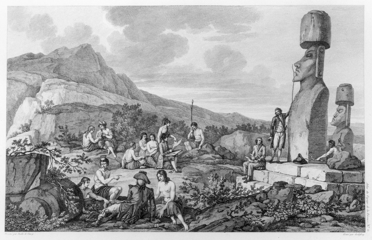 Eilandbewoners en Monumenten van Paaseiland, plaat 11 uit de Atlas de Voyage de La Perouse, 1785-88 door Gaspard Duche de Vancy