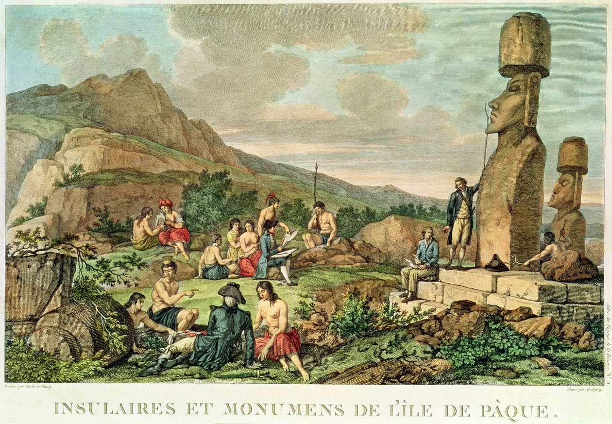 Eilandbewoners en Monumenten van Paaseiland, plaat 11 uit de Atlas de Voyage de La Perouse, 1785-88 (gravure) door Gaspard Duche de Vancy
