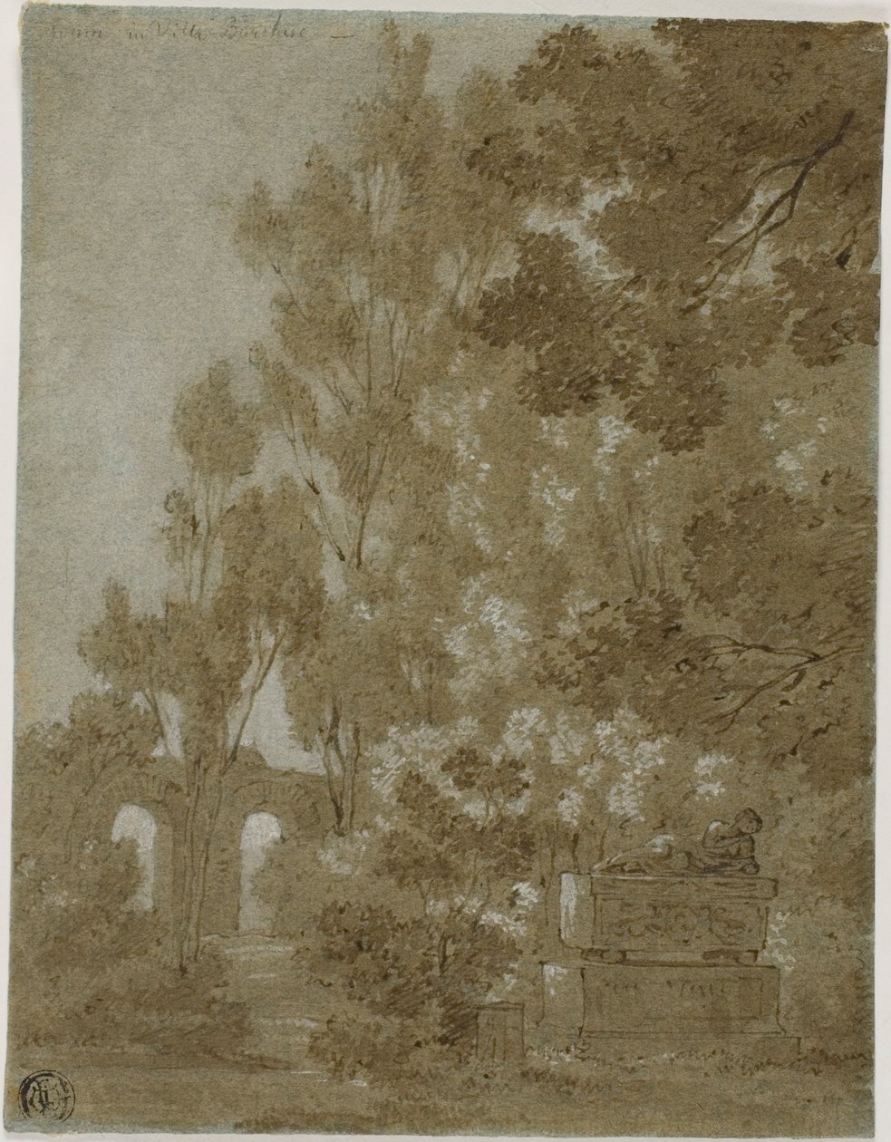 Uitzicht op vervallen bogen en graftombe in Villa Borghese door Gaspard Dughet