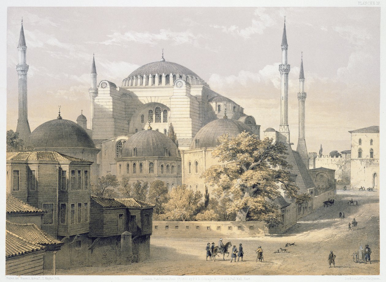 Haghia Sophia, plaat 19: buitenaanzicht van de moskee, gegraveerd door Louis Haghe, gepubliceerd 1852 door Gaspard Fossati