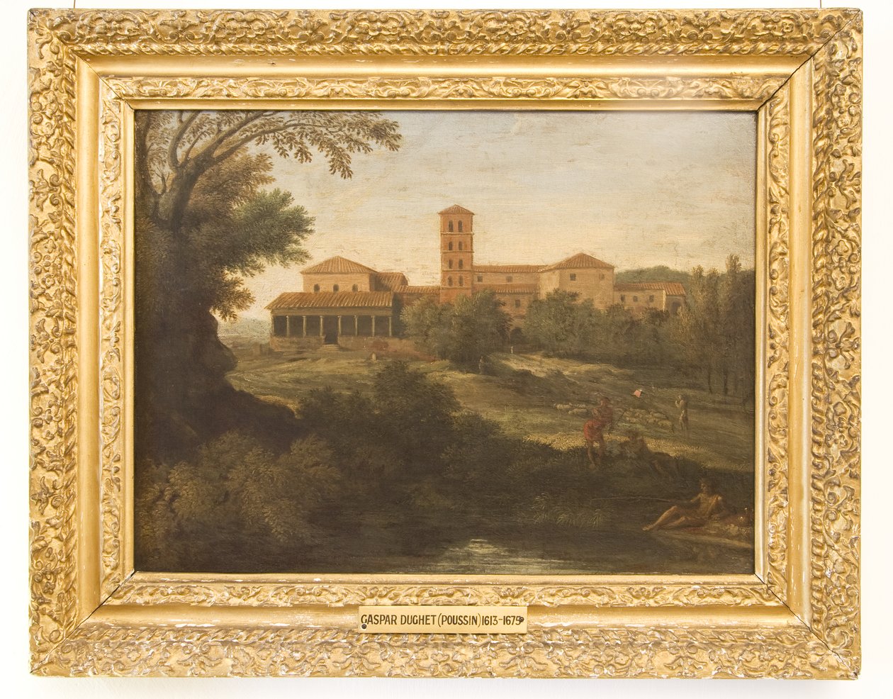 Klassiek landschap met een man die een kudde schapen drijft door Gaspard Poussin Dughet