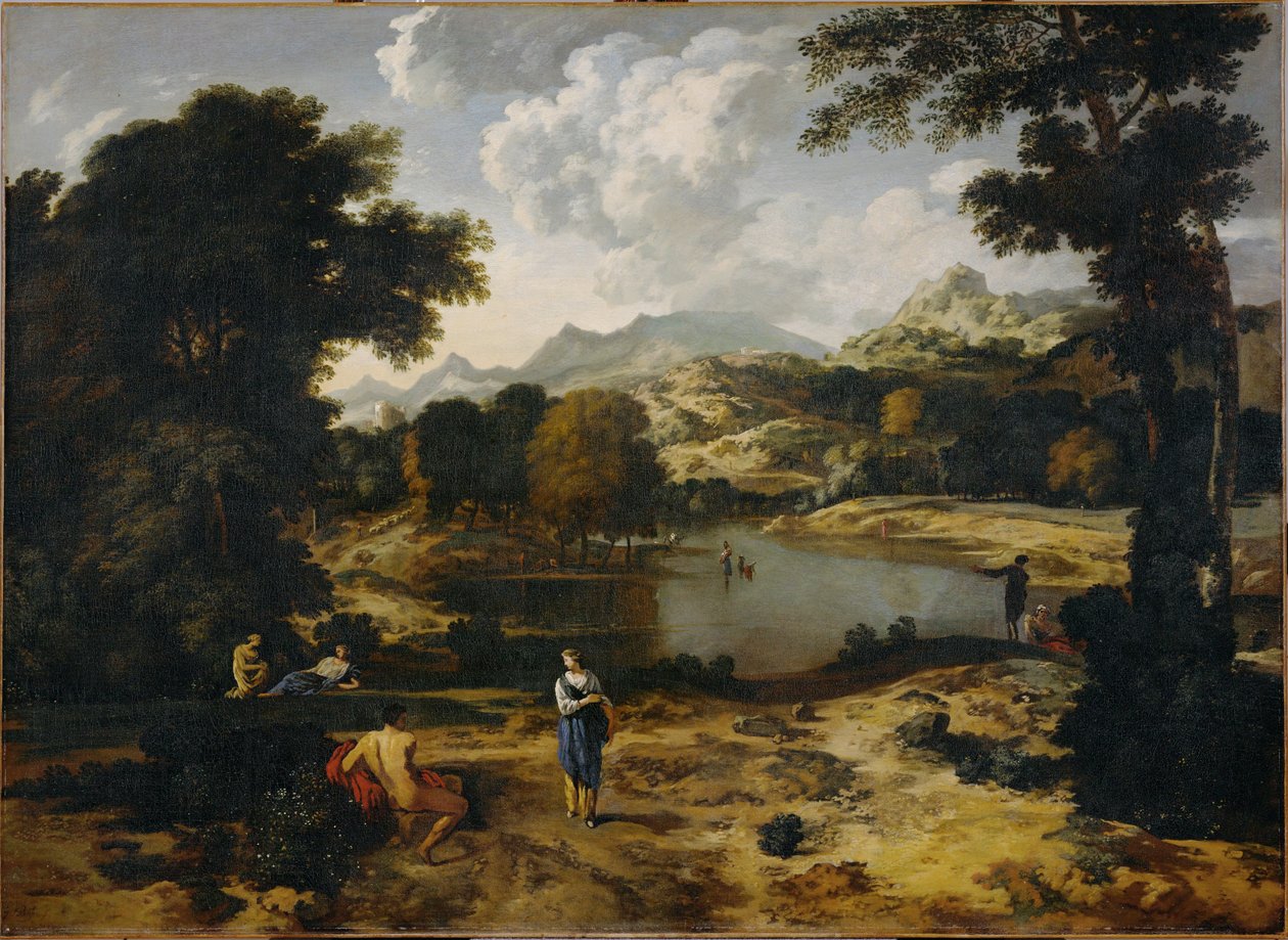 Heroïsch landschap met figuren (schilderij op doek) door Gaspard Poussin Dughet