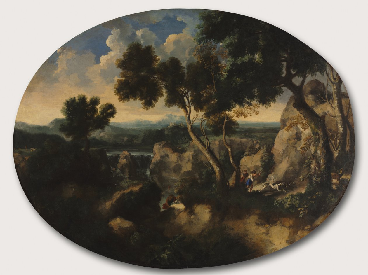 Rotsachtig Landschap met Jagers, ca. 1635 door Gaspard Poussin Dughet