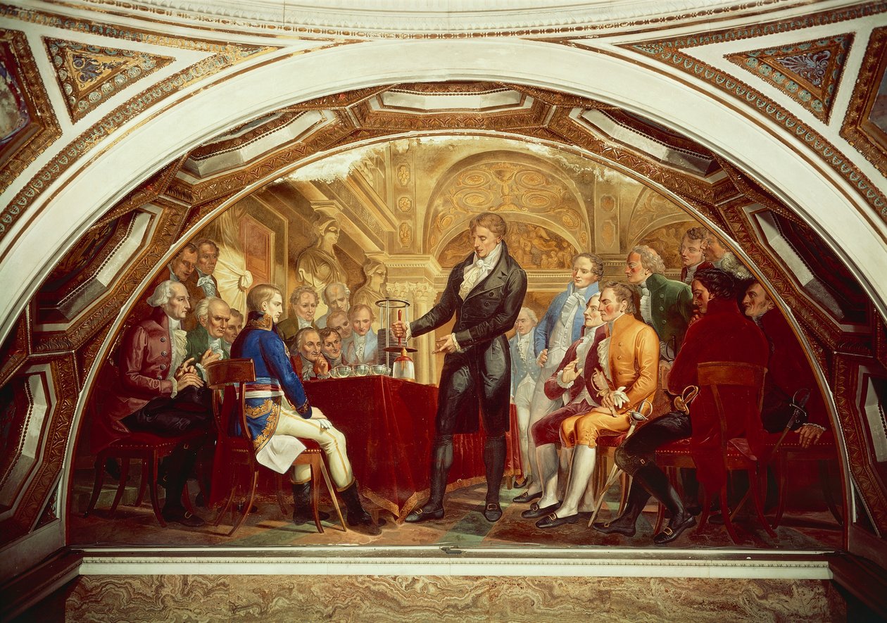 Alessandro Volta (1745-1827) toont zijn nieuw uitgevonden batterij aan Napoleon (1769-1821) bij het Institut de France in Parijs, 7 november door Gaspero Martellini