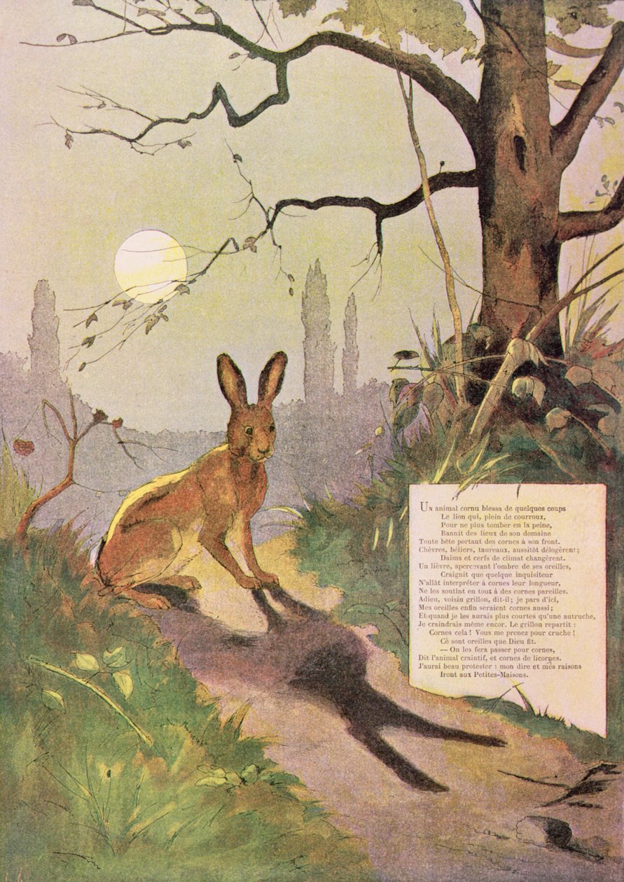 De oren van de haas, uit Fabels van Jean de La Fontaine door Gaston Gelibert