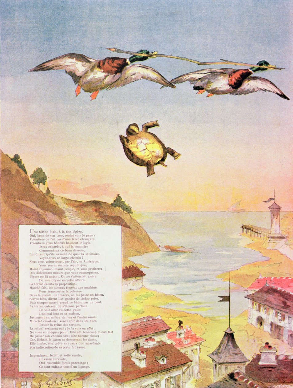De schildpad en de twee eenden, uit Fabels van Jean de La Fontaine (1621-95) 1888 door Gaston Gelibert