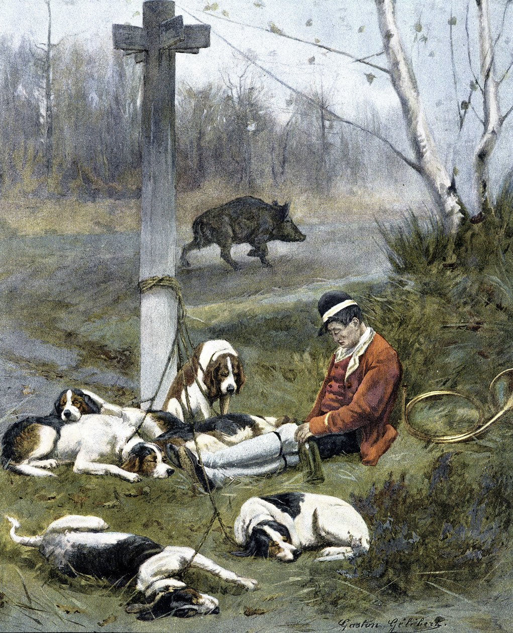 De jager en zijn slaperige honden - gravure door Gaston Gelebert door Gaston Gelibert