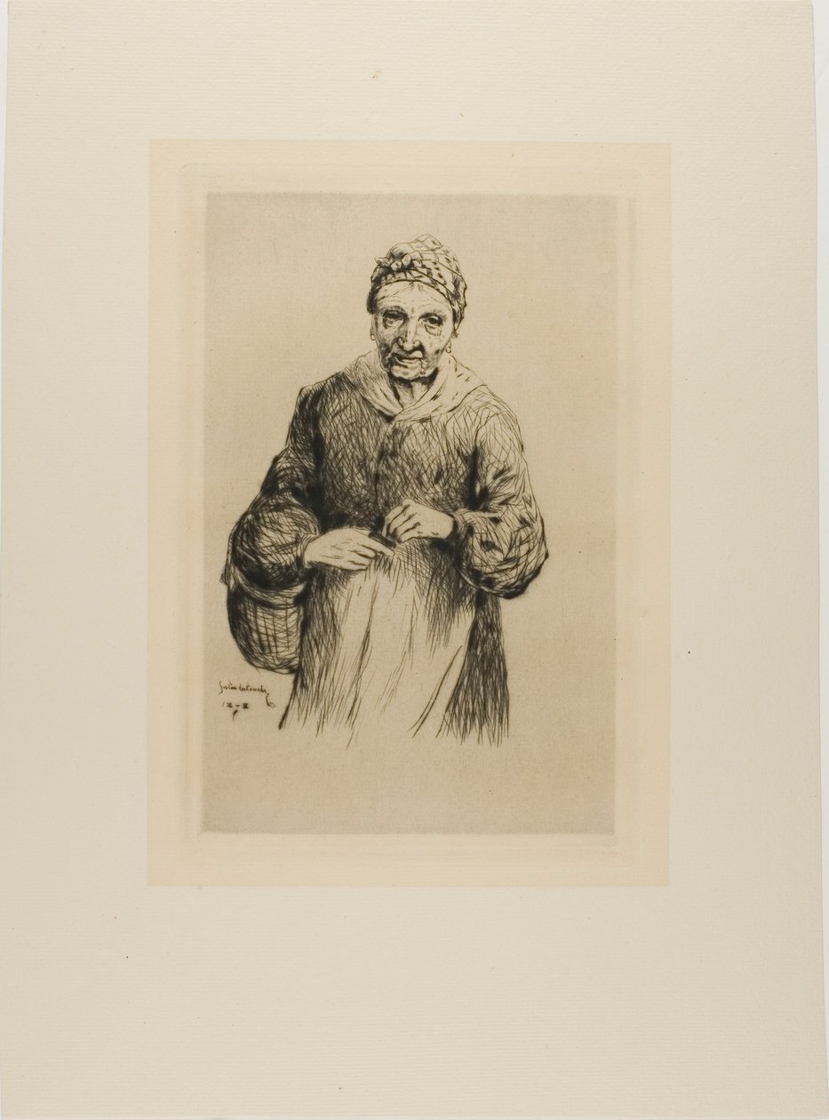 Oude vrouw met mand door Gaston La Touche