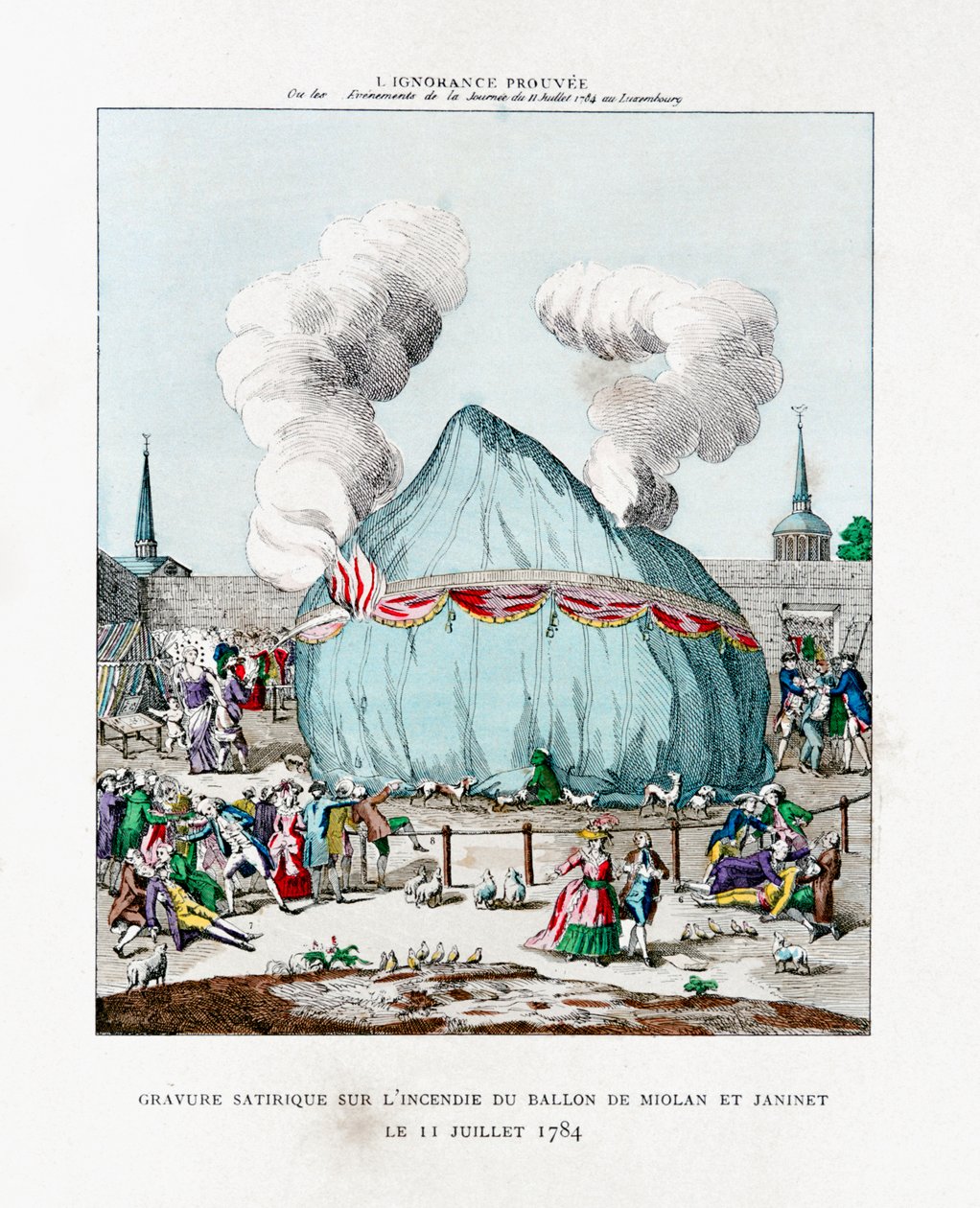 Satirische gravure over de brand van de ballon van Miolan en Janinet 1784, 1887 door Gaston Tissandier