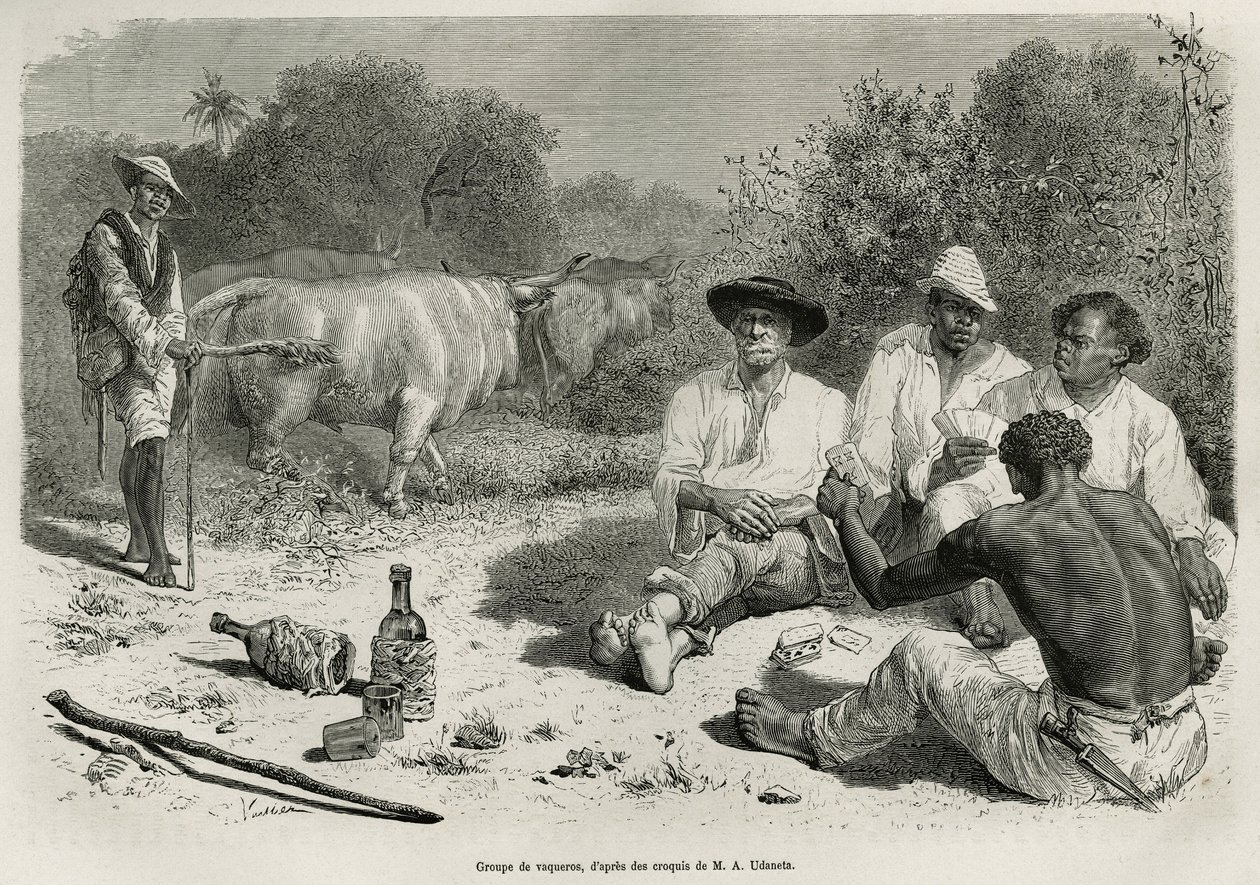 Een groep vaqueros die kaarten speelt en alcohol drinkt, nabij hun kuddes ossen, gravure naar een tekening van G. Vuillier, ter illustratie van het verhaal De Cayenne aux Andes, door Jules Crevaux, arts van de Franse marine, in 1878-1879, gepubliceerd in d door Gaston Vuillier