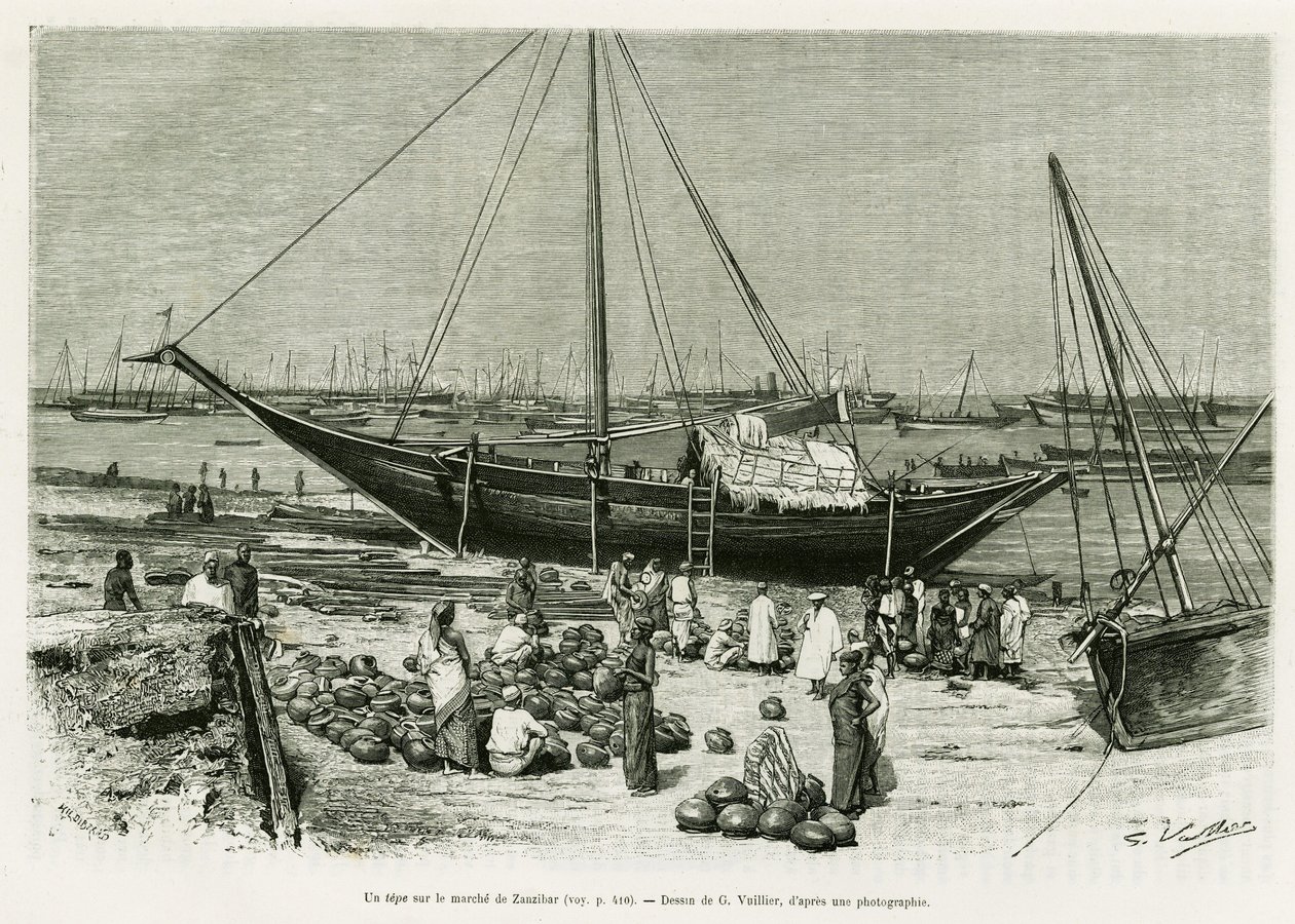 Een tepe op de Zanzibar-markt (Tanzania). Gravure door G.Vuillier, ter illustratie van het verhaal Reis onder de Benadirs, Somali