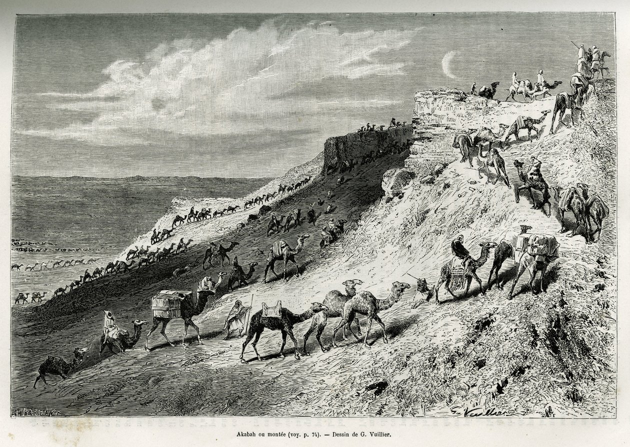 Akabah of opstelling van kamelen uit de karavaan. Gravure ter illustratie van het verhaal 