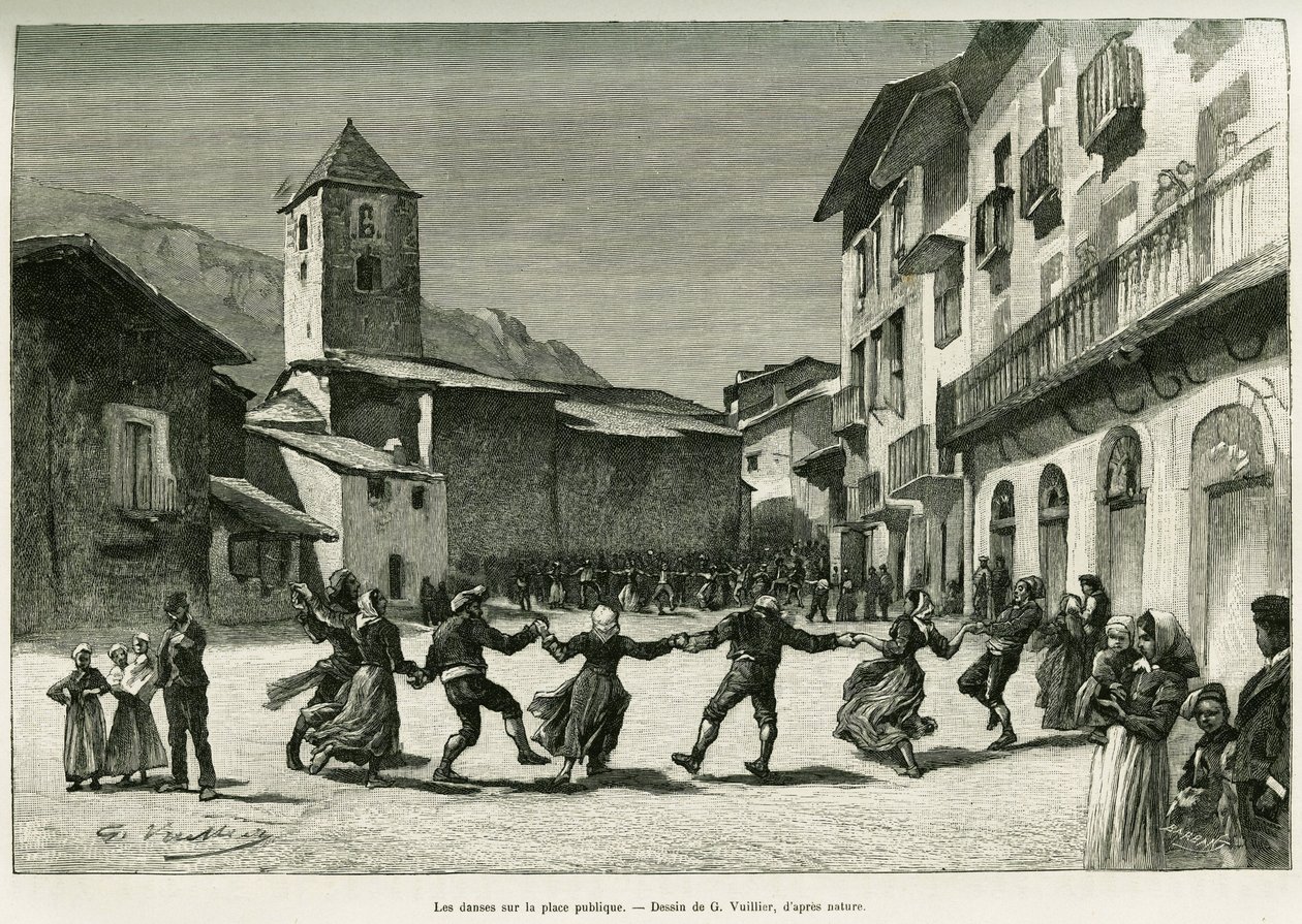 Dansen op het openbare plein. Gravure door G.Vuillier, ter illustratie van het verhaal De vallei van Andorra, door Gaston Vuillier, in le tour du monde 1888, onder leiding van Edouard Charton (1807-1890), Hachette, Parijs. door Gaston Vuillier