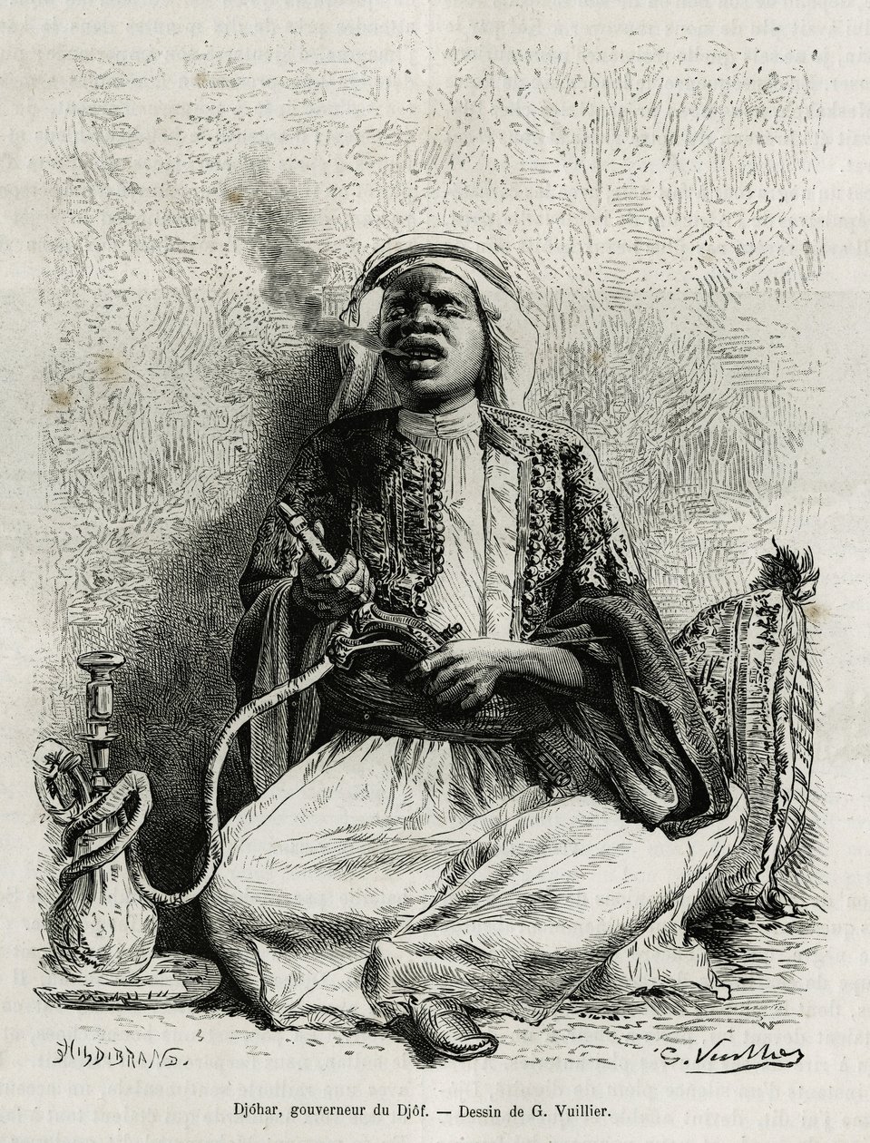 Portret van Djohar, gouverneur van de djof (groep van 7 of 8 dorpen, gebouwd op een afstand van 10 minuten van elkaar, in lijn), rookt narguile. Gravure door G. Vuillier, ter illustratie van het verhaal 
