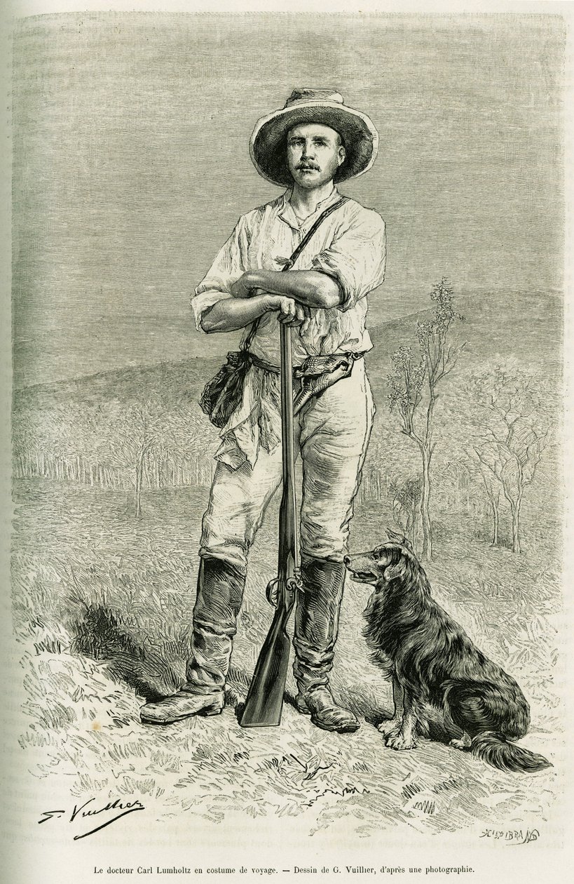 Portret van de reiziger auteur Carl Lumholtz. Gravure door G. Vuillier, ter illustratie van het verhaal 