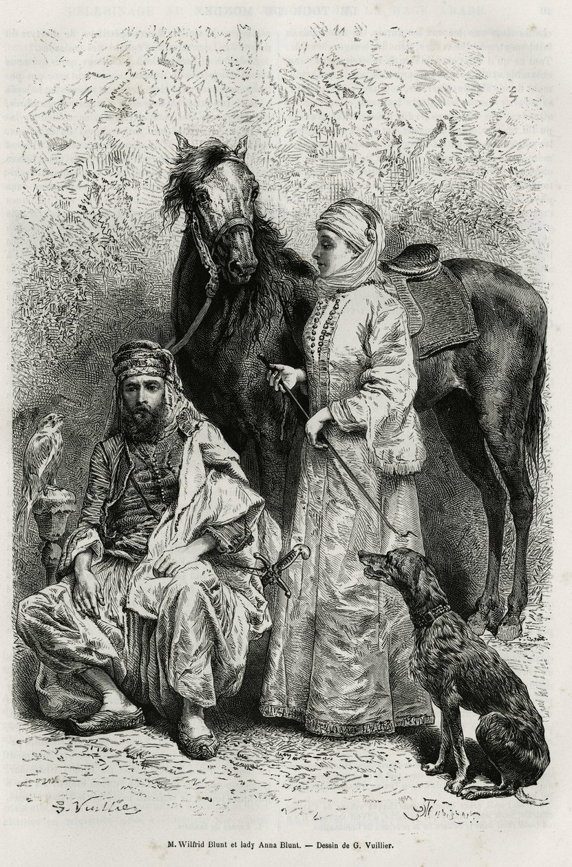 Portretten van Mr. Wilfrid Blunt (1840-1922), dichter en schrijver, en zijn vrouw, Lady Anna Blunt (geboren King Noel (King Noel) 1837-1917), de eerste Europese vrouw die het Midden-Oosten verkende, gekleed in een reiskostuum, voor een van de Arabische paa door Gaston Vuillier