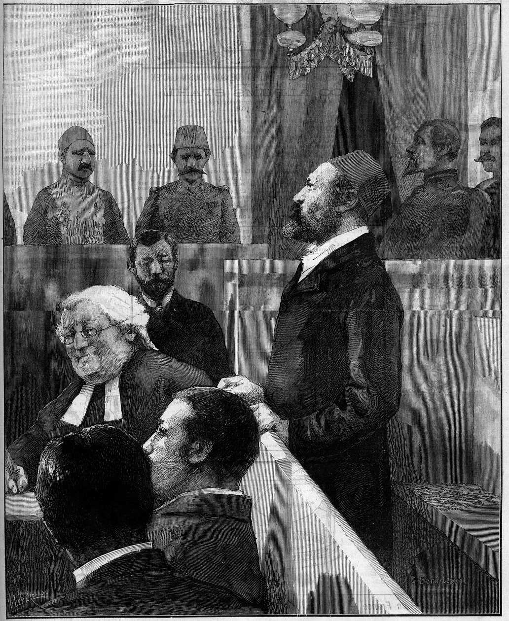 Proces van de Egyptische Arabi Pasha, organisator van de anti-Europese opstand van Alexandrië in juni 1882. Gravure door Vuillier in Le Monde Illustré nr. 1343 van 13 december 1882 door Gaston Vuillier