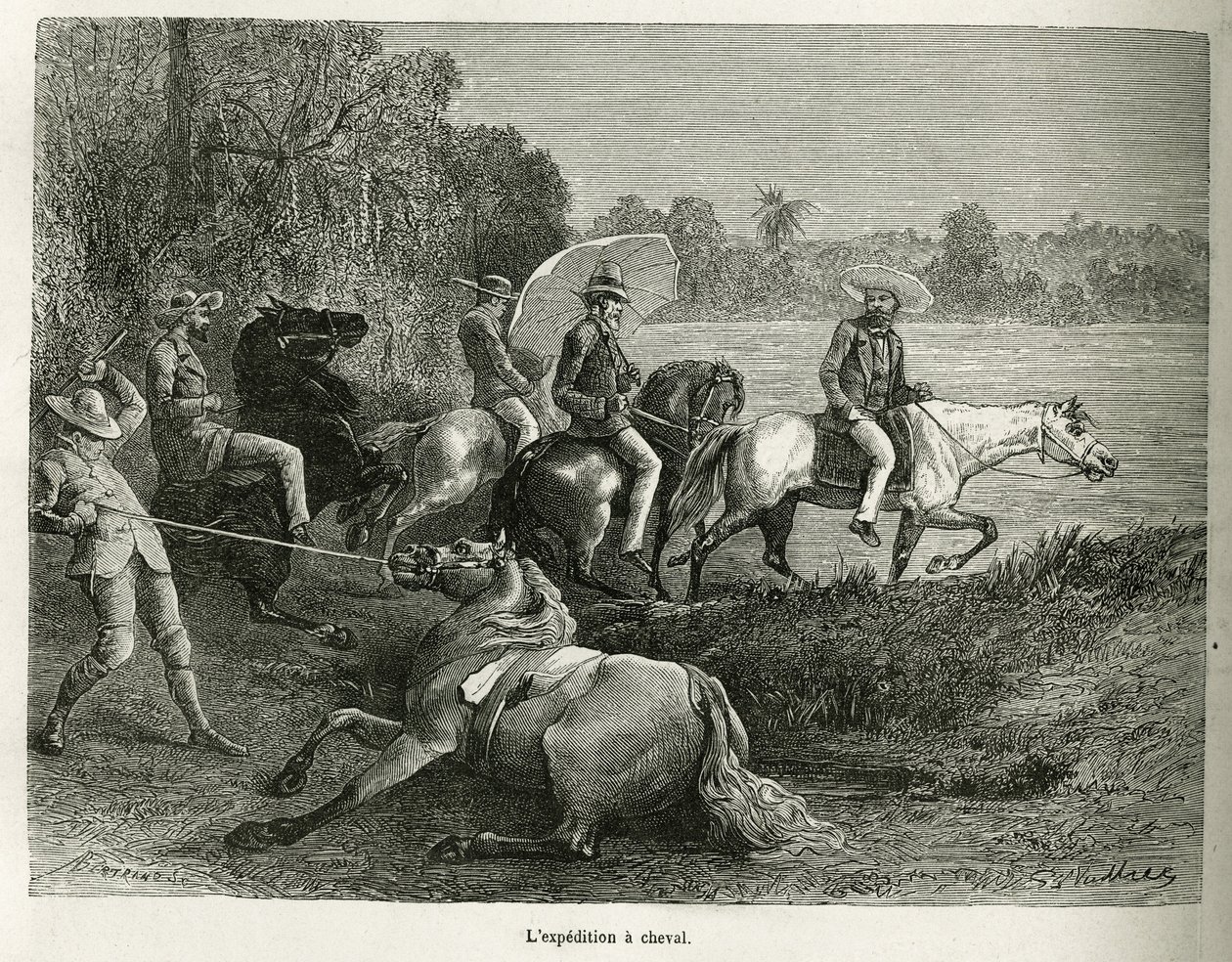 De expeditie te paard voor de verkenning van de vallei van Terable, gravure naar een tekening van G. Vuillier, ter illustratie van het verhaal De Cayenne aux Andes, door Jules Crevaux, arts van de Franse marine, in 1878-1879, gepubliceerd in 