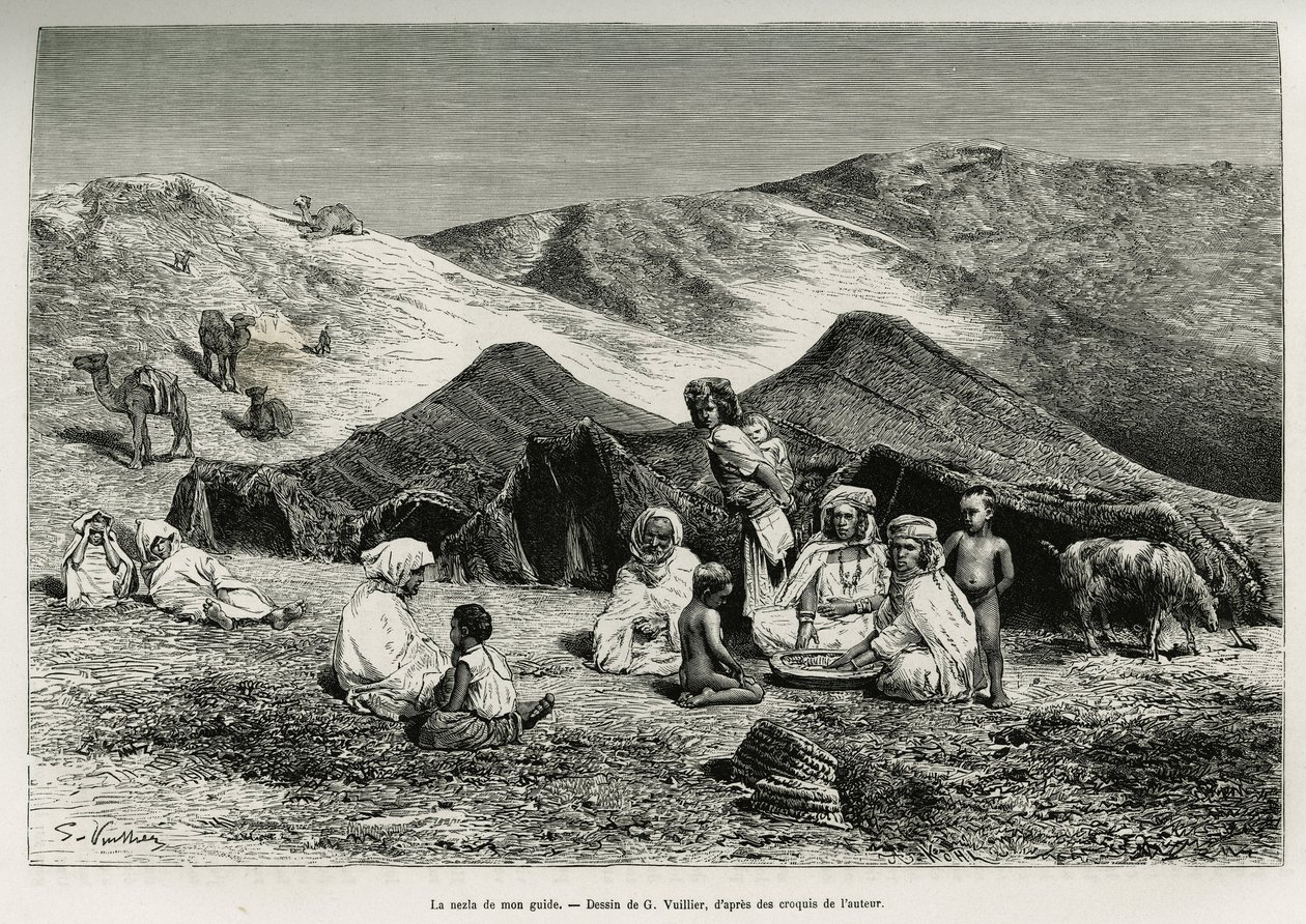 De nezla (verwant) van mijn gids. Gravure door G.Vuillier, ter illustratie van de Algerijnse Sahara, door V.Largeau, 1874-1878, gepubliceerd in 