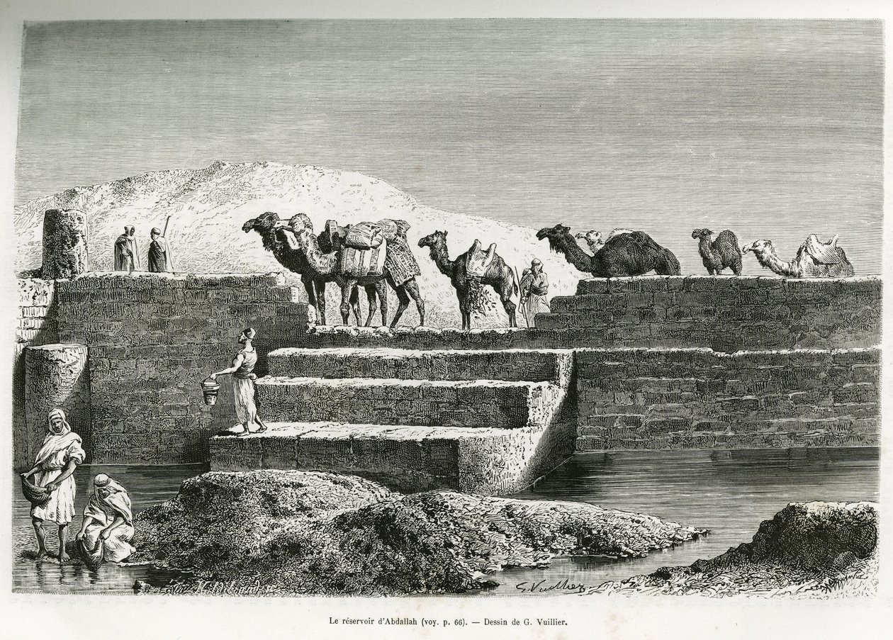 Het reservoir van Abdallah (Saoedi-Arabië). Gravure ter illustratie van het verhaal 