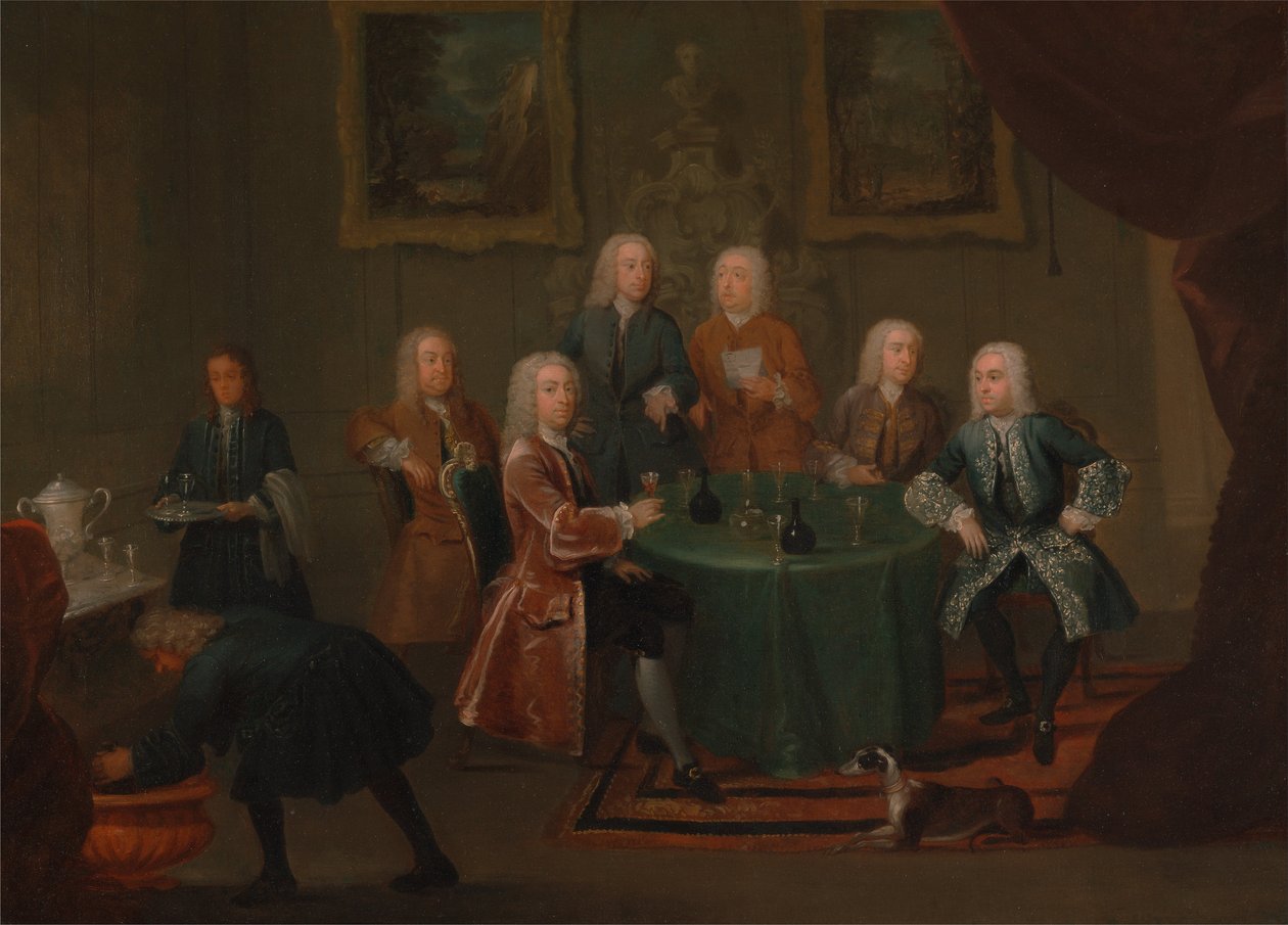 De broers Clarke met andere heren die wijn drinken door Gawen Hamilton