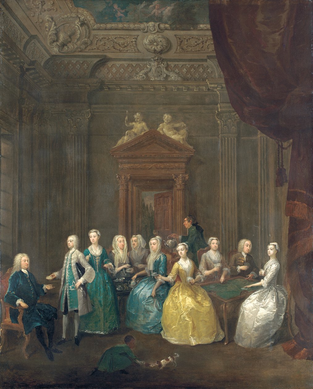 Portret van de familie Porten die thee drinkt in een weelderig interieur door Gawen Hamilton