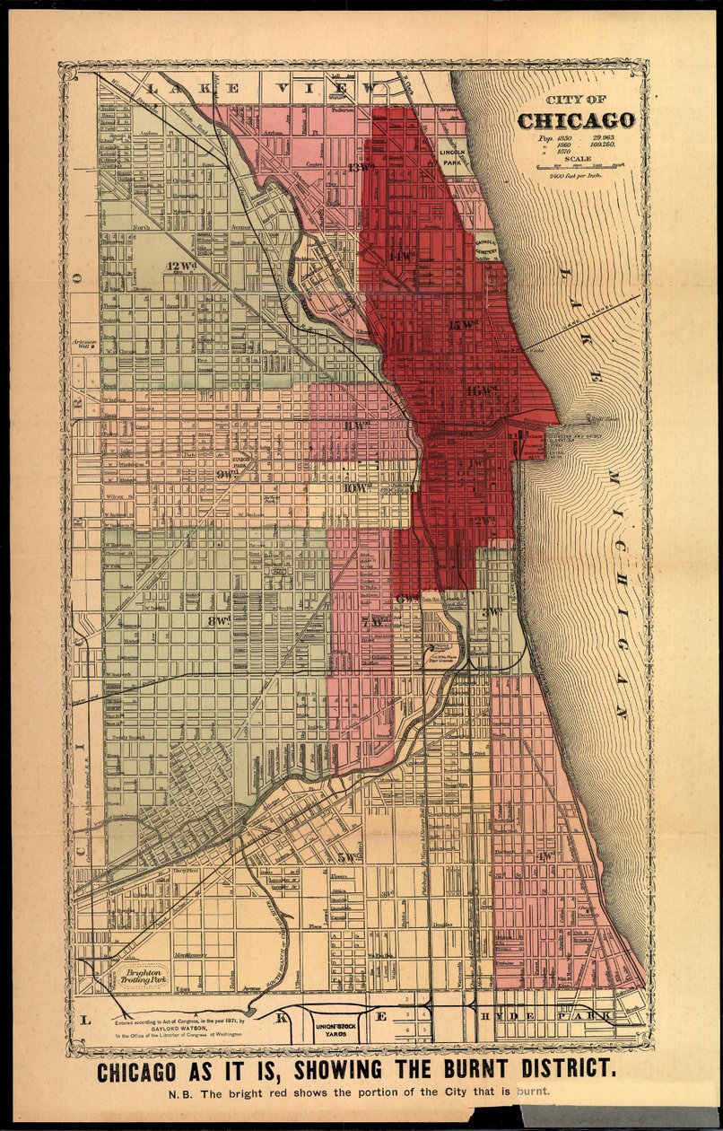 Chicago Zoals Het Is, met de Verbrande Wijk, uit History of the Great Fires in Chicago and the West door Edgar Johnson Goodspeed, gepubliceerd in Chicago, 1871 door Gaylord Watson