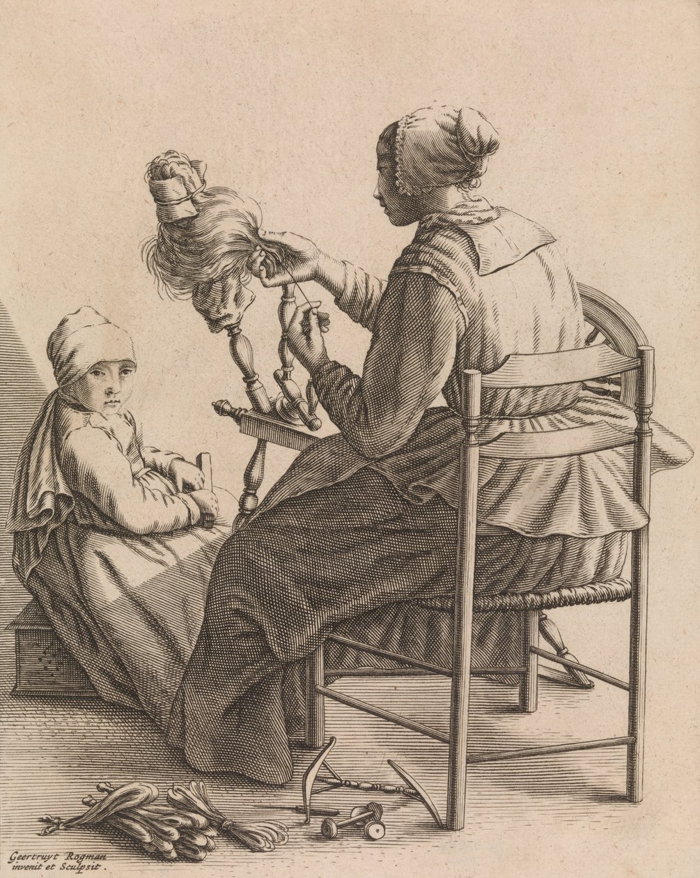 Een vrouw aan het spinnen, Plaat 4 uit Vijf vrouwelijke bezigheden, ca. 1640-57 door Geertruydt Roghman
