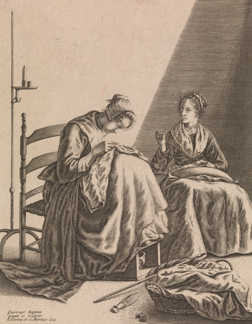 Twee Vrouwen aan het Naaien, Plaat 1 uit Vijf Vrouwelijke Bezigheden door Geertruydt Roghman