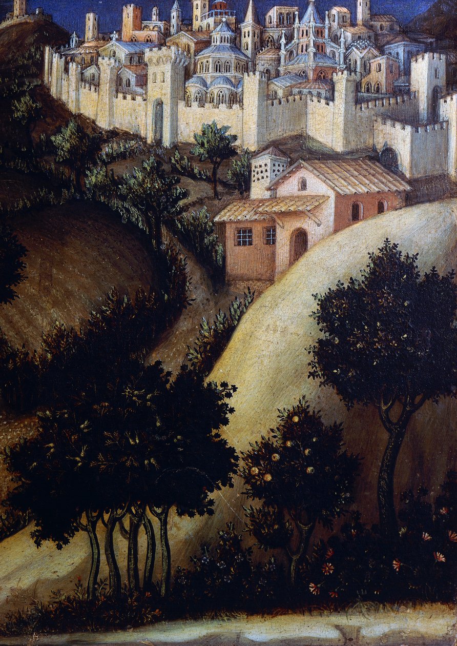 Aanbidding der Wijzen altaarstuk, detail van het centrale predellapaneel van Egypte door Gentile da Fabriano