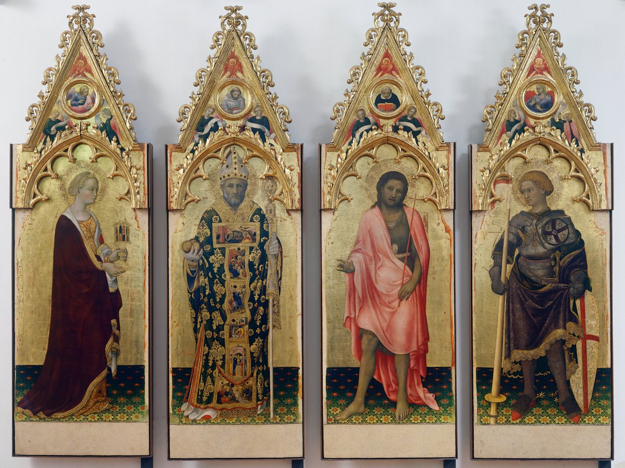 Vier heiligen van Quaratesi Polyptiek, Sint Maria Magdalena, Sint Nicolaas van Bari, Sint Johannes de Doper en Sint Joris door Gentile da Fabriano