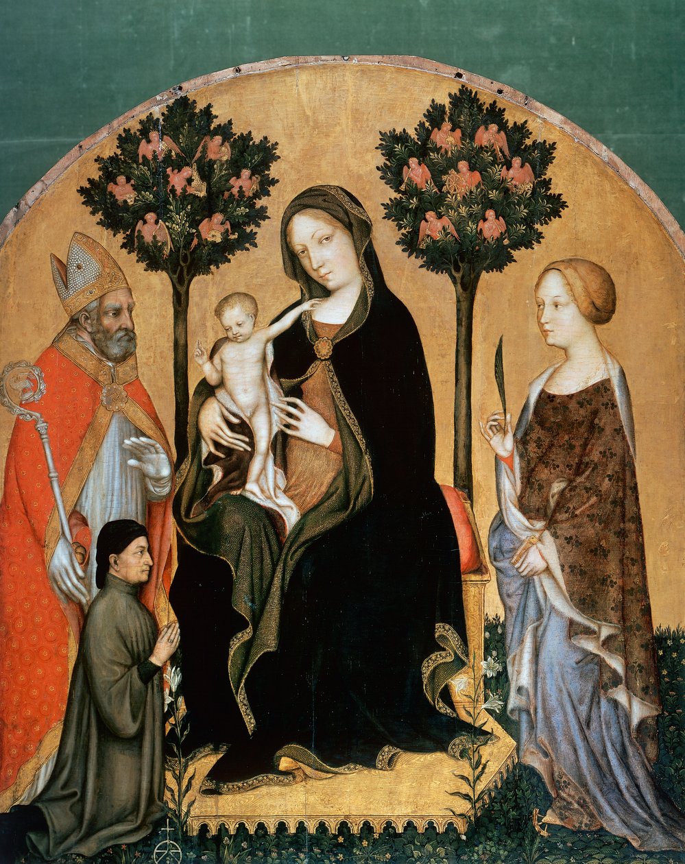 Madonna met Kind en Sint Catharina, Sint Nicolaas en Donor door Gentile da Fabriano