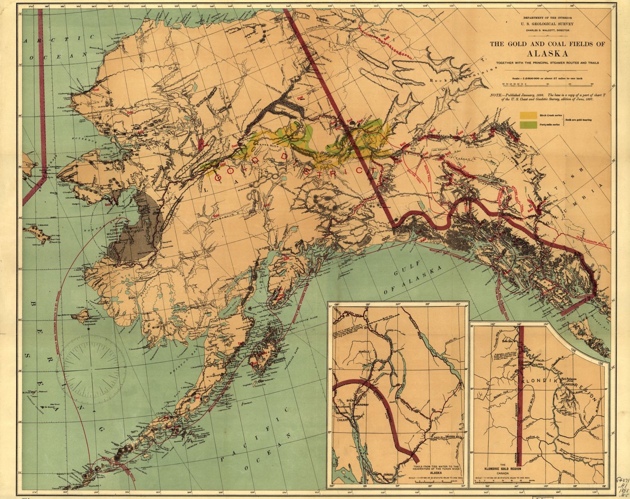 De goud- en steenkoolvelden van Alaska: samen met de belangrijkste stoombootroutes en paden door Geological Survey