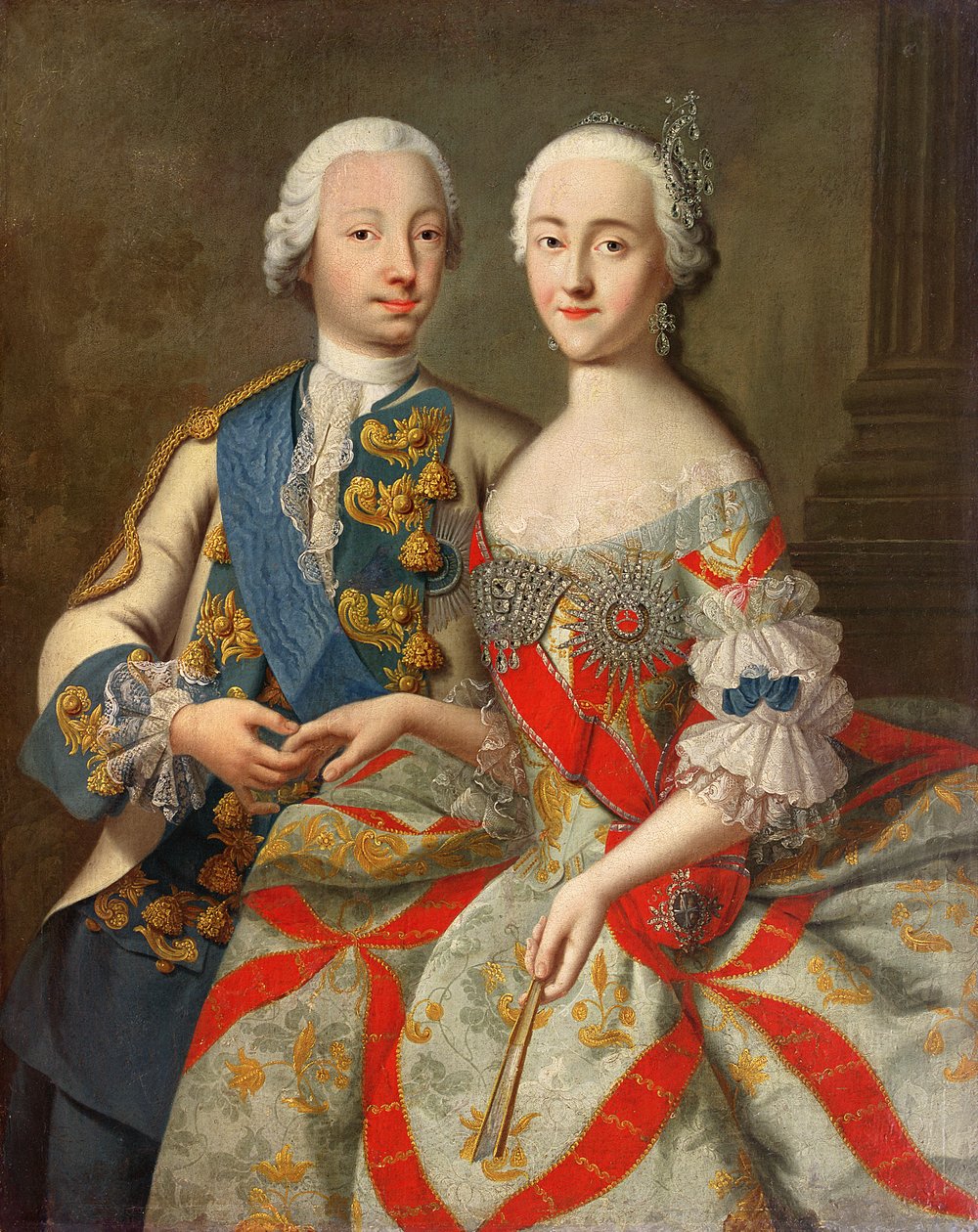 Portret van Catharina de Grote (1729-96) en Prins Petr Fedorovich (1728-62) 1740-45 door Georg Christoph Grooth