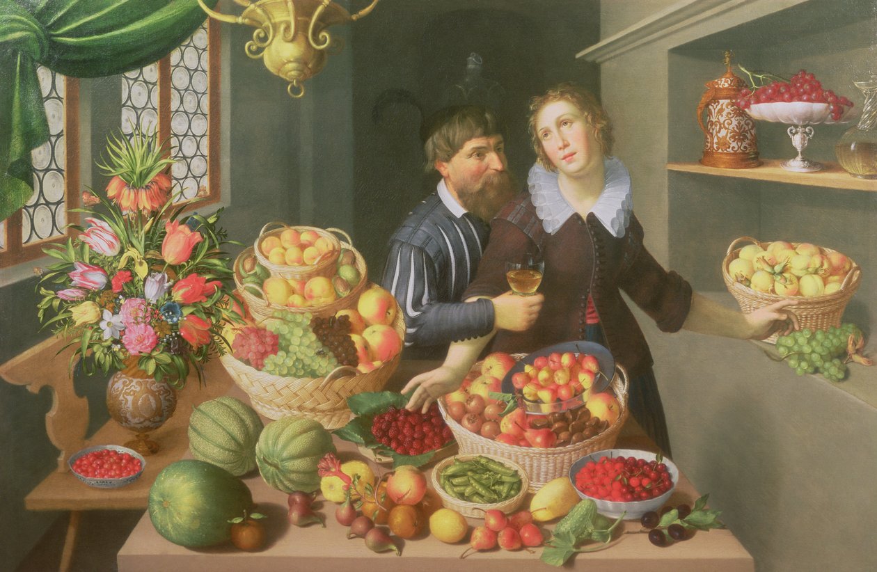 Man en vrouw voor een tafel met fruit en groenten door Georg Flegel