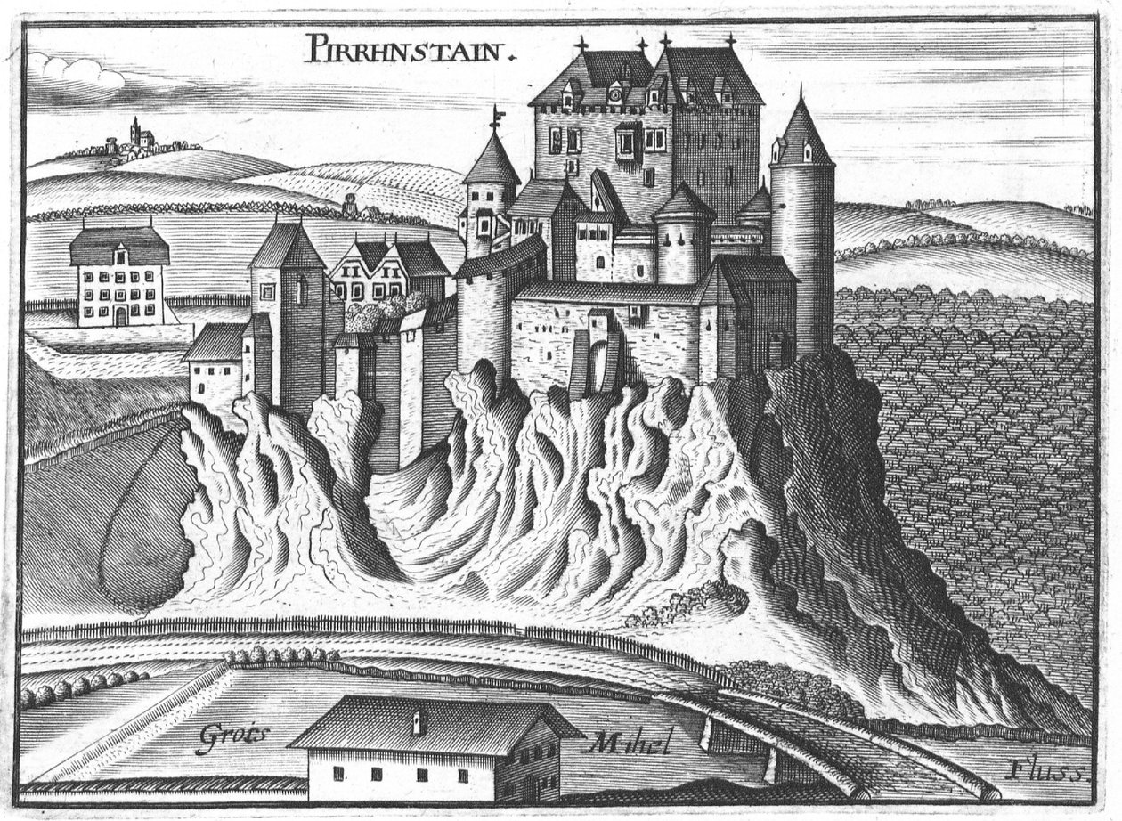 Gravure, uitzicht op kasteel Pürnstein, Opper-Oostenrijk door Georg Matthaus Vischer